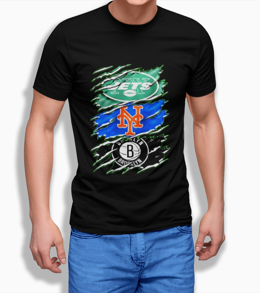 New York Jets Mets Brooklyn Nets Scratch Logo Mashup T-Shirt