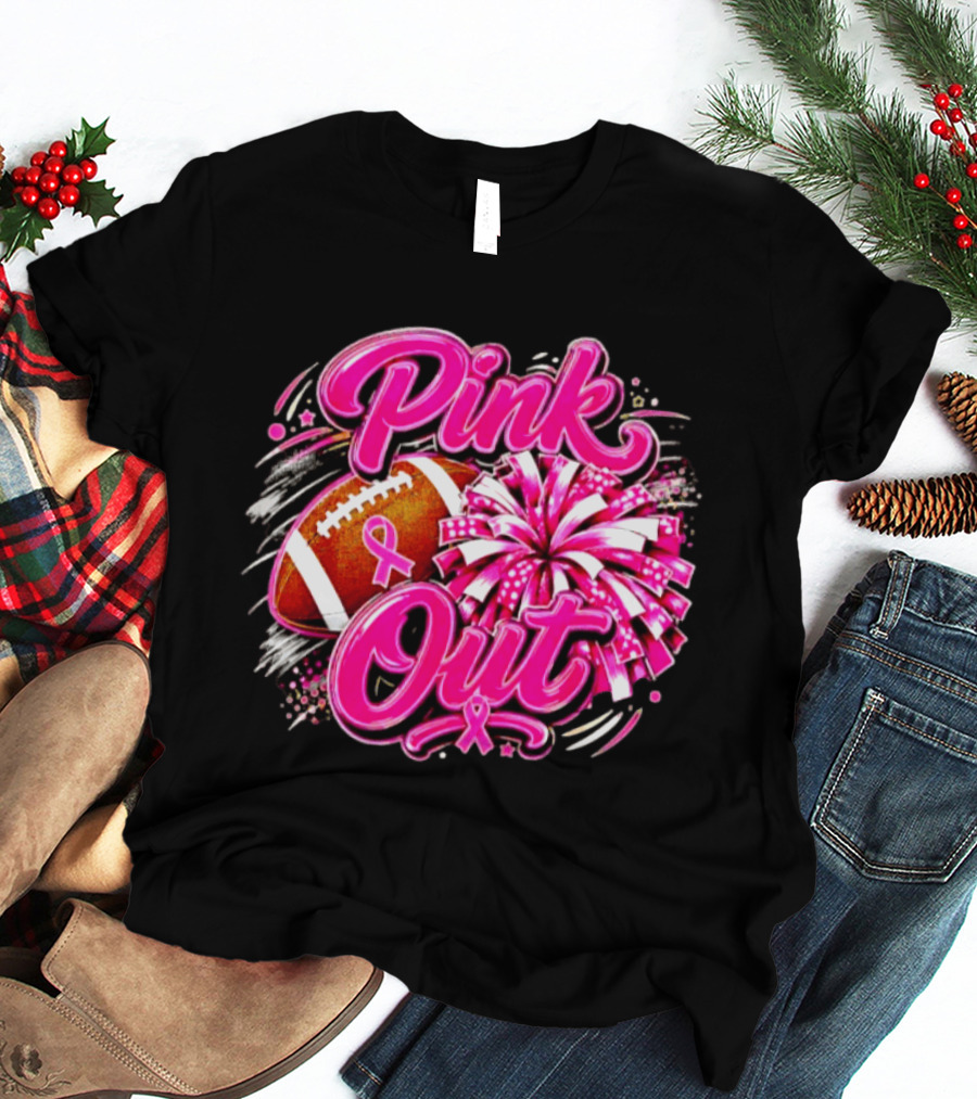 Pink Out Breast Cancer Awareness Football Cheerleading Pom Poms T-Shirt