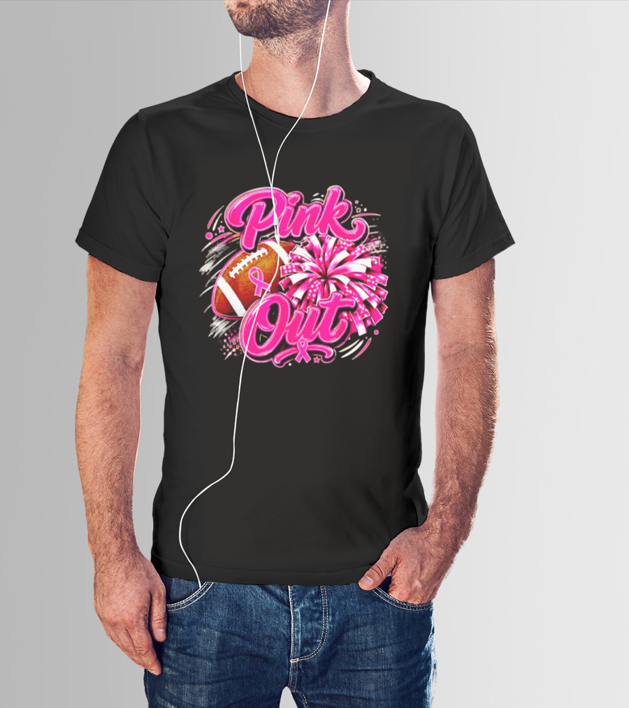 Pink Out Breast Cancer Awareness Football Cheerleading Pom Poms T-Shirt