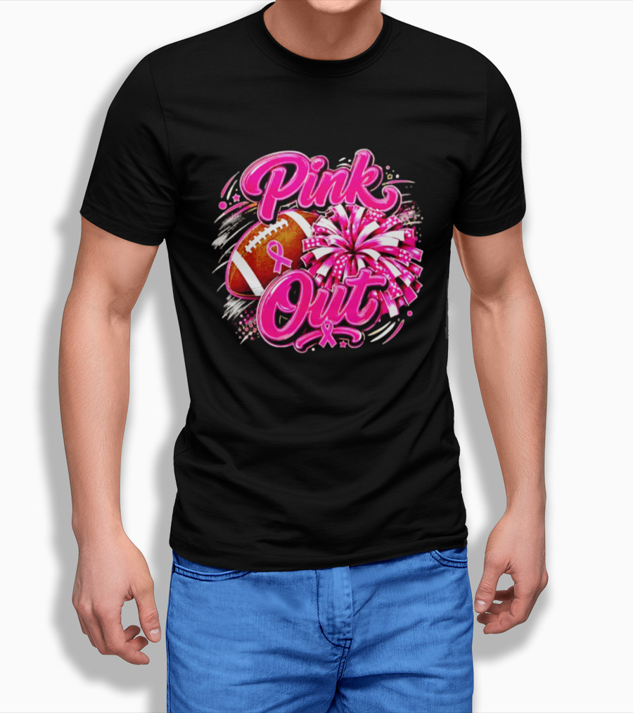 Pink Out Breast Cancer Awareness Football Cheerleading Pom Poms T-Shirt