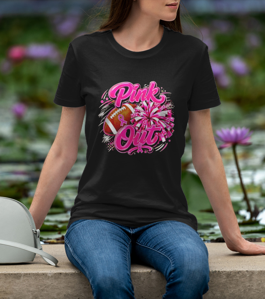 Pink Out Breast Cancer Awareness Football Cheerleading Pom Poms T-Shirt