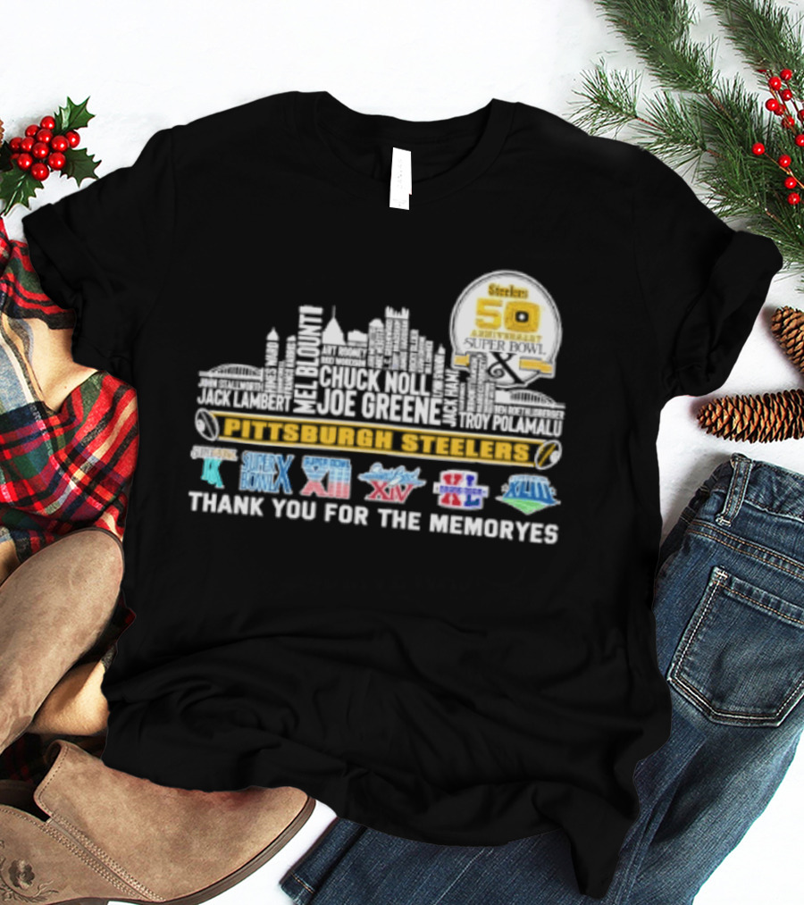 Pittsburgh Steelers Skyline 50th Anniversary Super Bowl Logos Thank You For The Memories T-Shirt