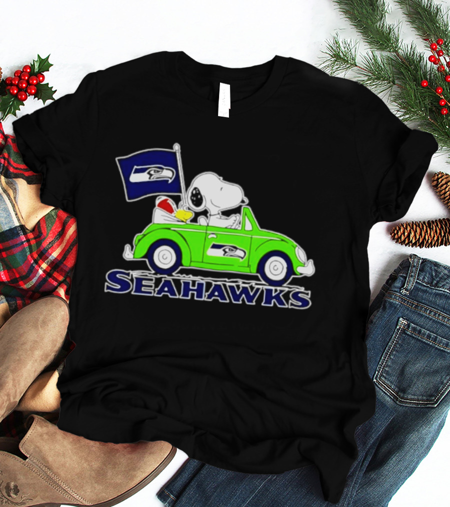 Snoopy In Volkswagen Beetle With Seattle Seahawks Flag 2026 Season T-Shirt