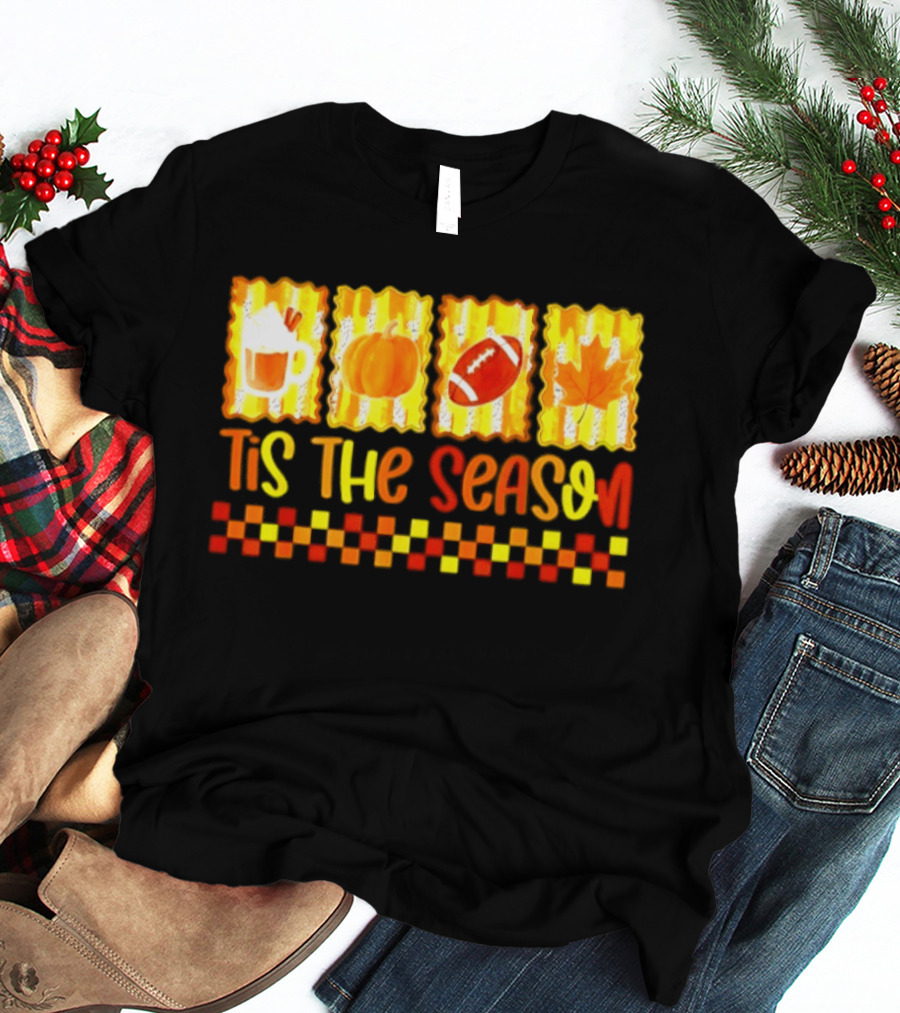 Tis The Season Pumpkin Coffee Football Leaf Halloween T-Shirt