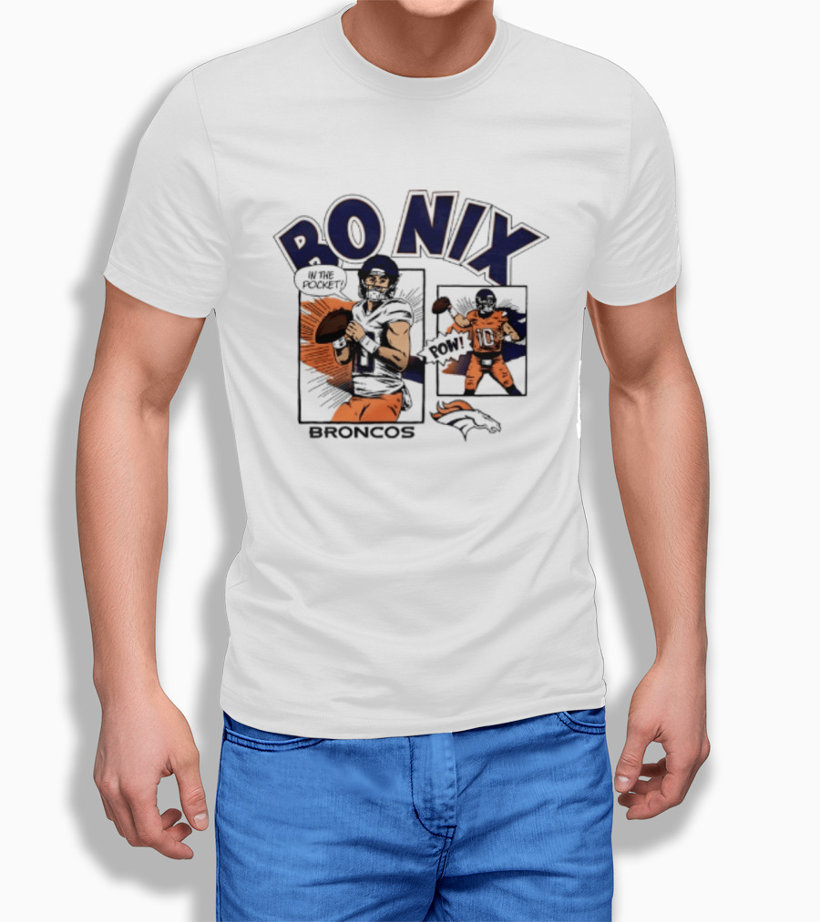 Bo Nix Broncos Comic Pow In The Pocket T-Shirt