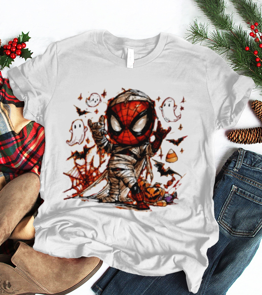 Spider Man Mummy Marvel Halloween Spidey Ghosts Bats Candy Corn Pumpkin T-Shirt