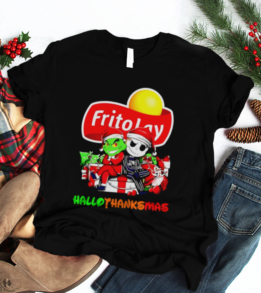 Frito Lay Grinch Jack Skellington Hallothanksmas 2026 Christmas Santa Hats T-Shirt