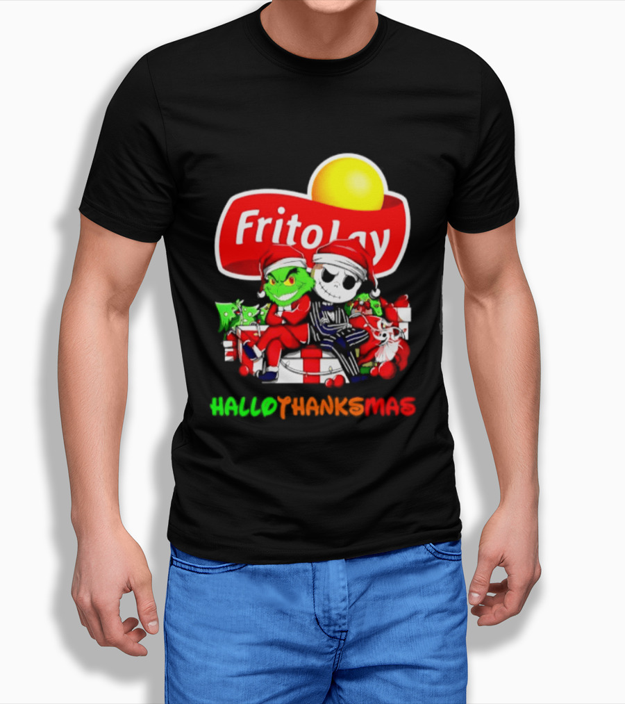 Frito Lay Grinch Jack Skellington Hallothanksmas 2026 Christmas Santa Hats T-Shirt