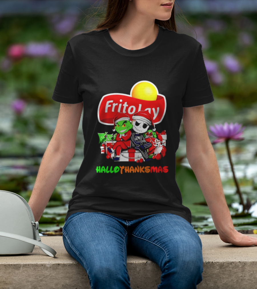 Frito Lay Grinch Jack Skellington Hallothanksmas 2026 Christmas Santa Hats T-Shirt