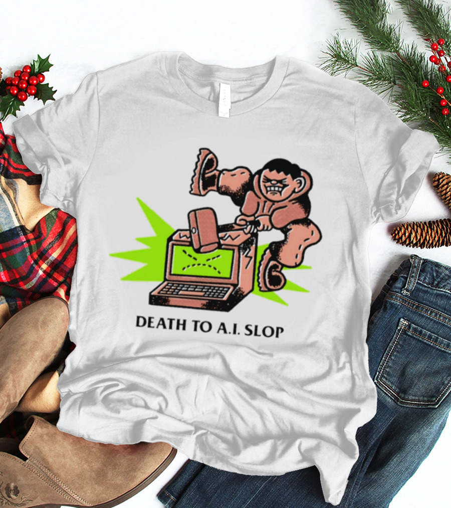 Death To AI Slop Digital Technology Revolution Sledgehammer Laptop Destruction T-Shirt