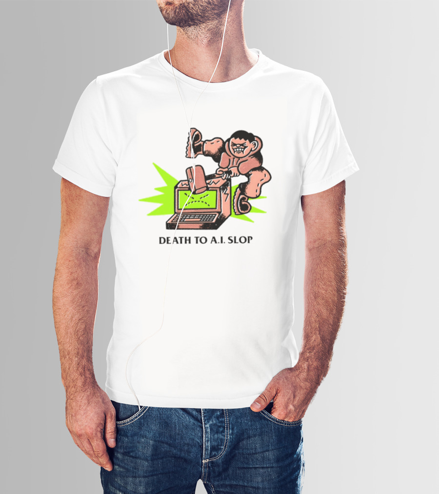 Death To AI Slop Digital Technology Revolution Sledgehammer Laptop Destruction T-Shirt