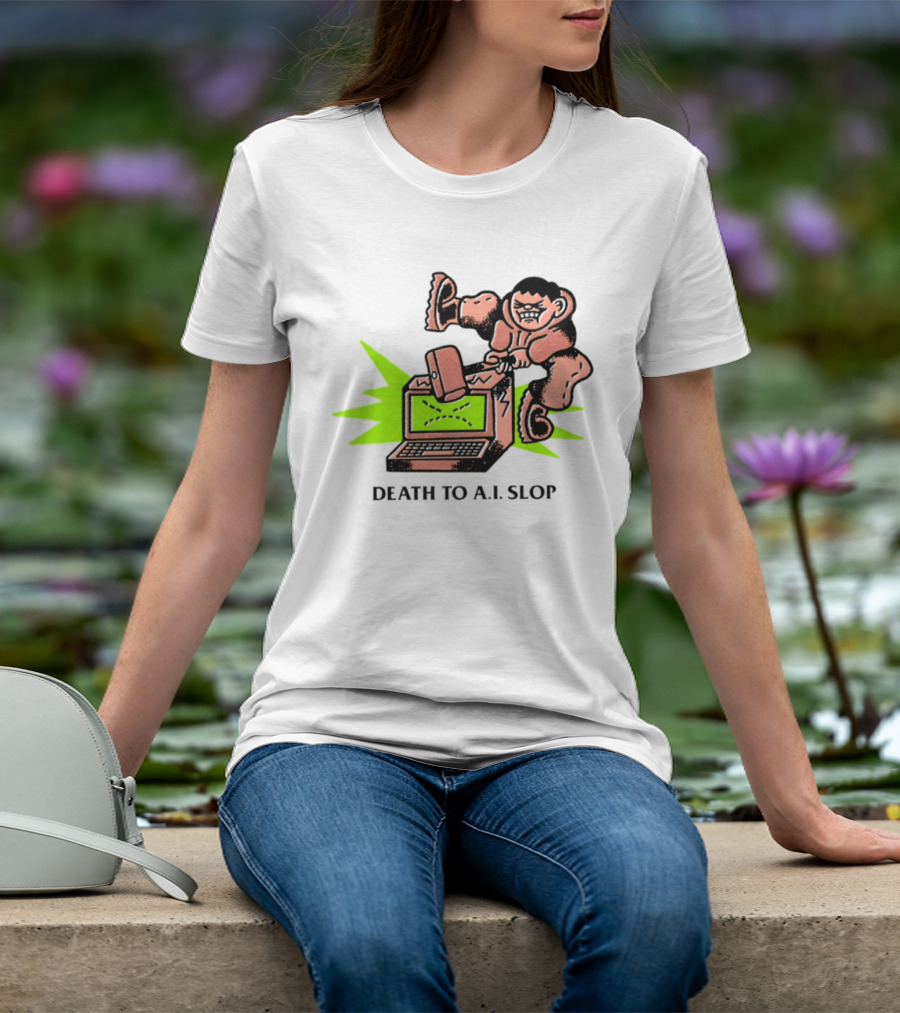 Death To AI Slop Digital Technology Revolution Sledgehammer Laptop Destruction T-Shirt