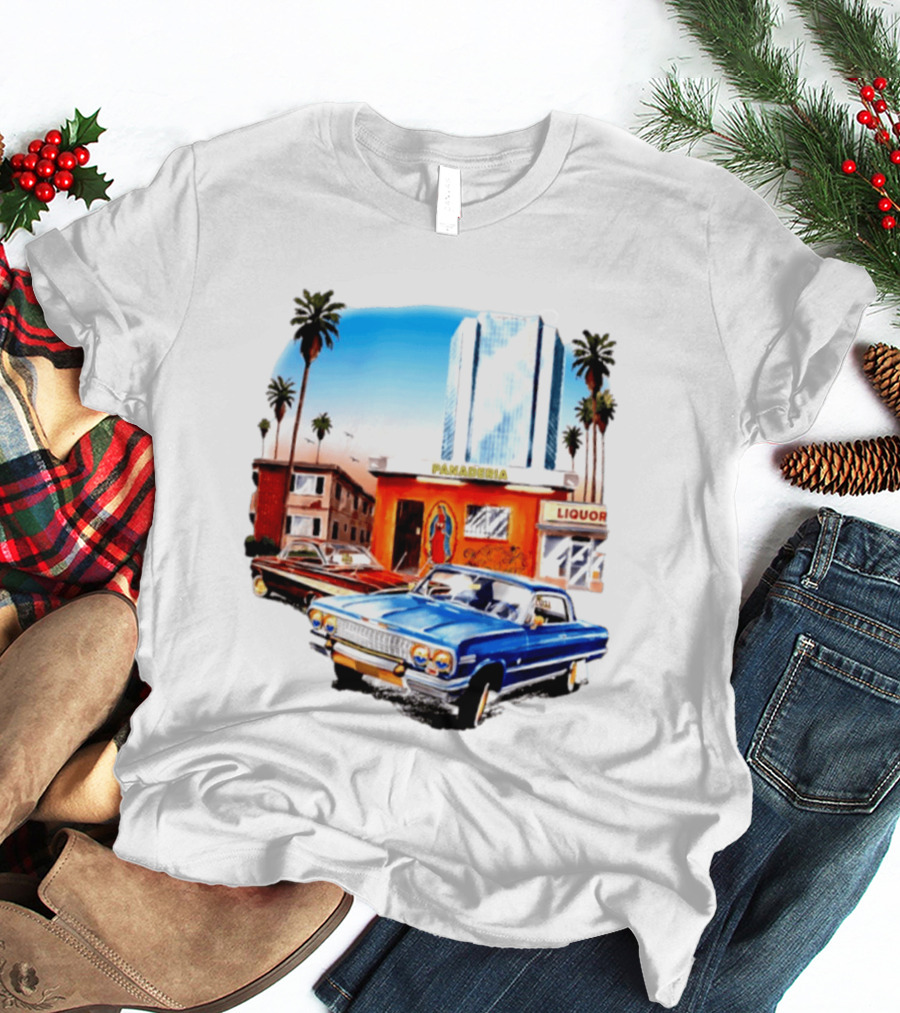 Panaderia Liquor Lowrider Scene With Vintage Cars And Palms T-Shirt
