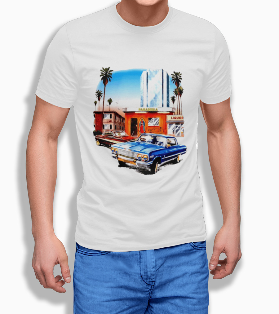 Panaderia Liquor Lowrider Scene With Vintage Cars And Palms T-Shirt