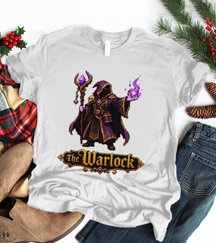 The Warlock Pixel Fantasy Mage RPG Cloaked Wizard With Staff And Magic Spell T-Shirt
