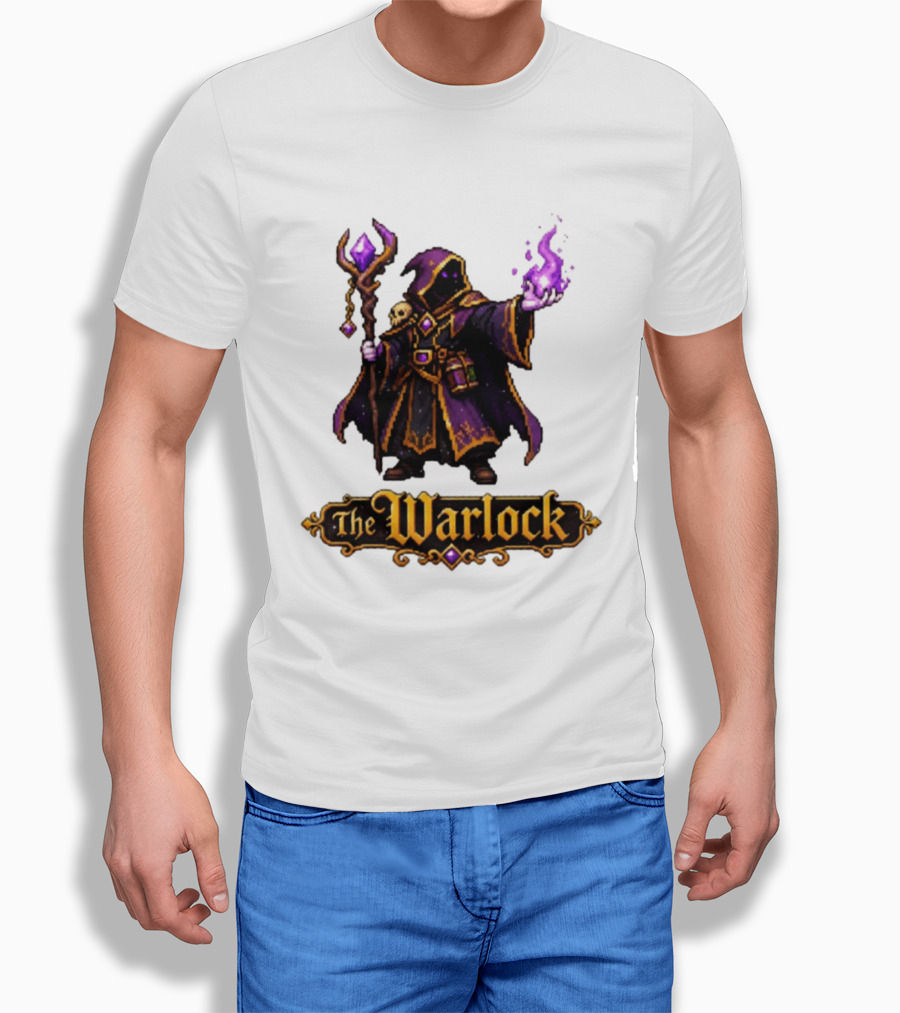The Warlock Pixel Fantasy Mage RPG Cloaked Wizard With Staff And Magic Spell T-Shirt