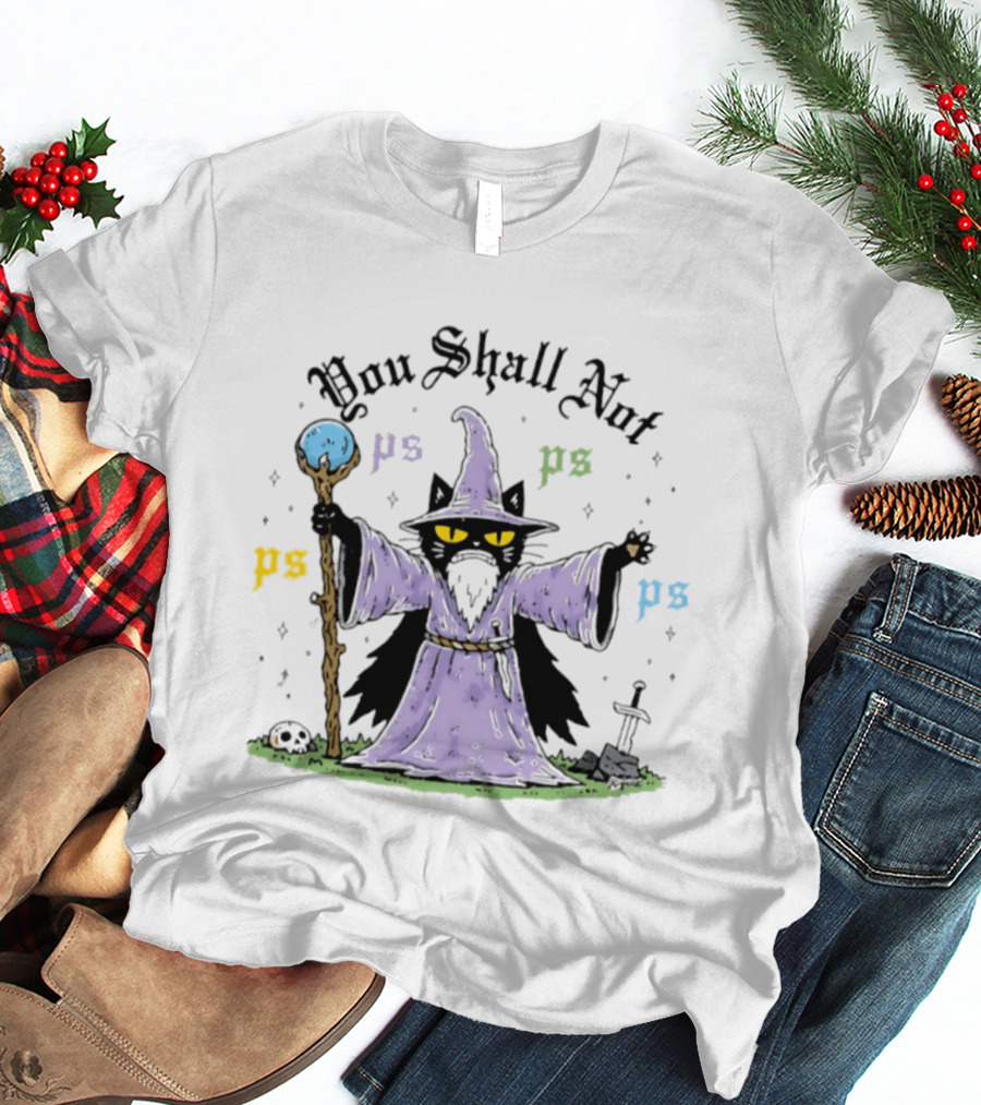 You Shall Not Ps Ps Cat Wizard Lord Of The Rings Mage Spellcaster Staff Cloak T-Shirt
