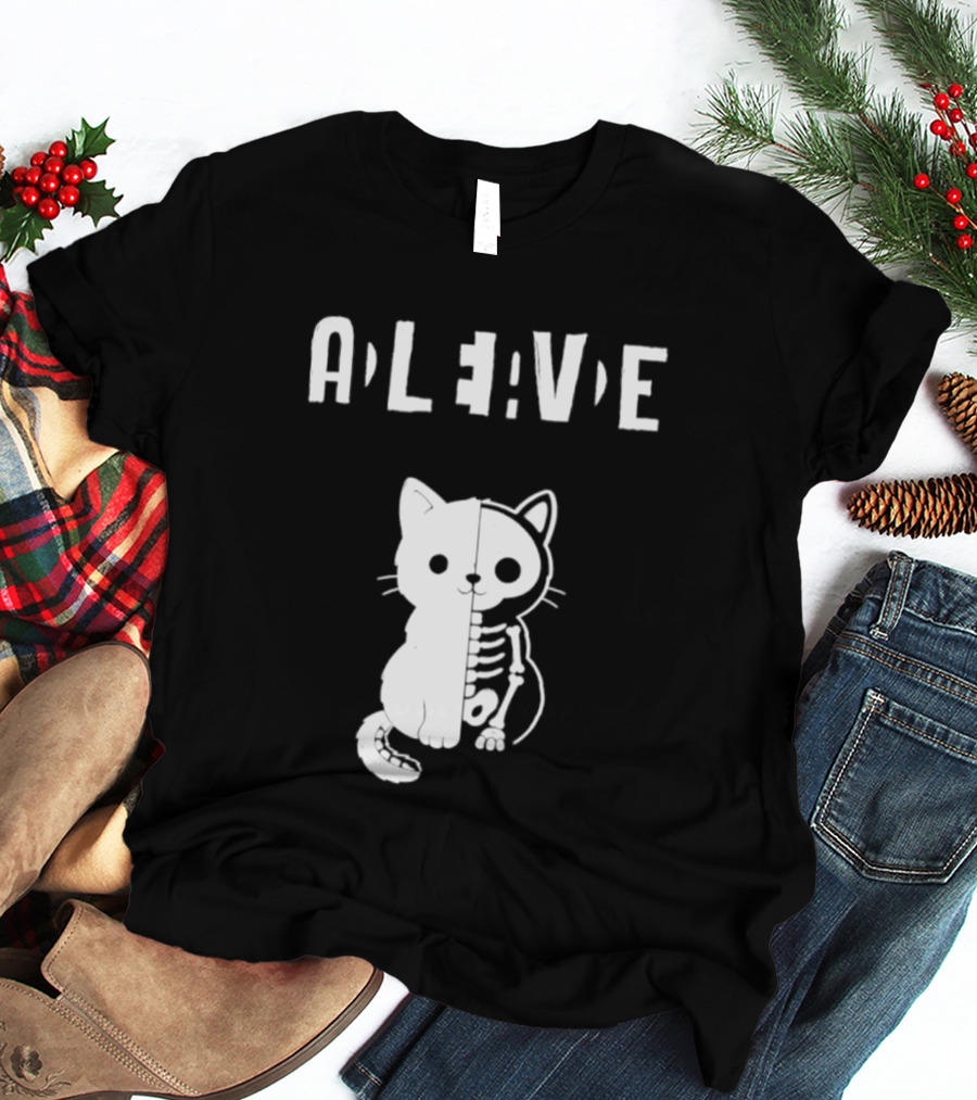 Alive Half Skeleton Cat Cute T-Shirt