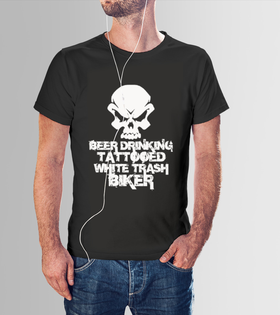 Beer Drinking Tattooed White Trash Biker Skull T-Shirt