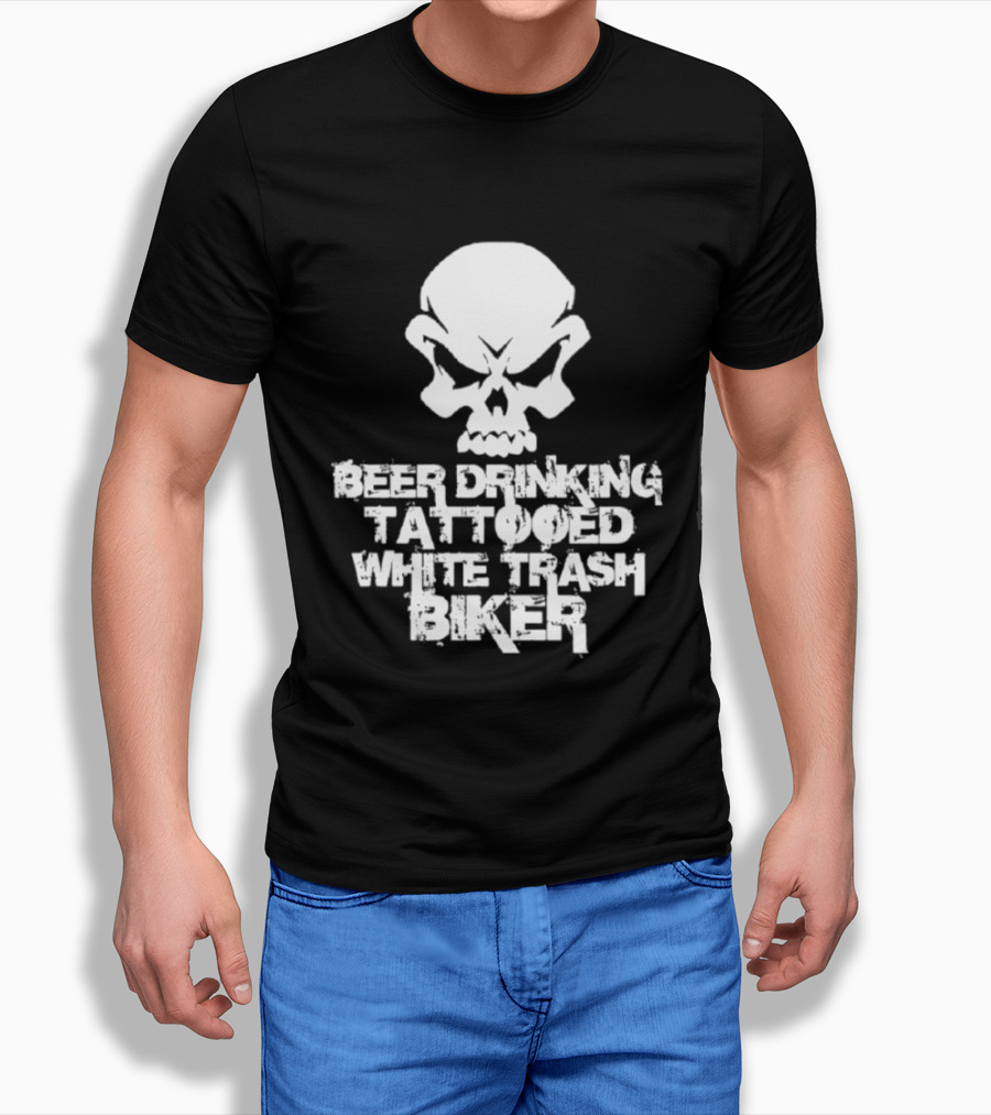 Beer Drinking Tattooed White Trash Biker Skull T-Shirt
