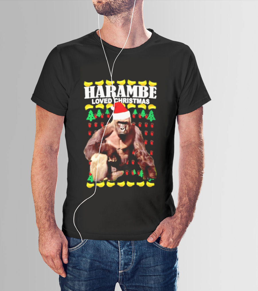 Harambe Loved Christmas Gorilla In Santa Hat With Bananas And Trees T-Shirt