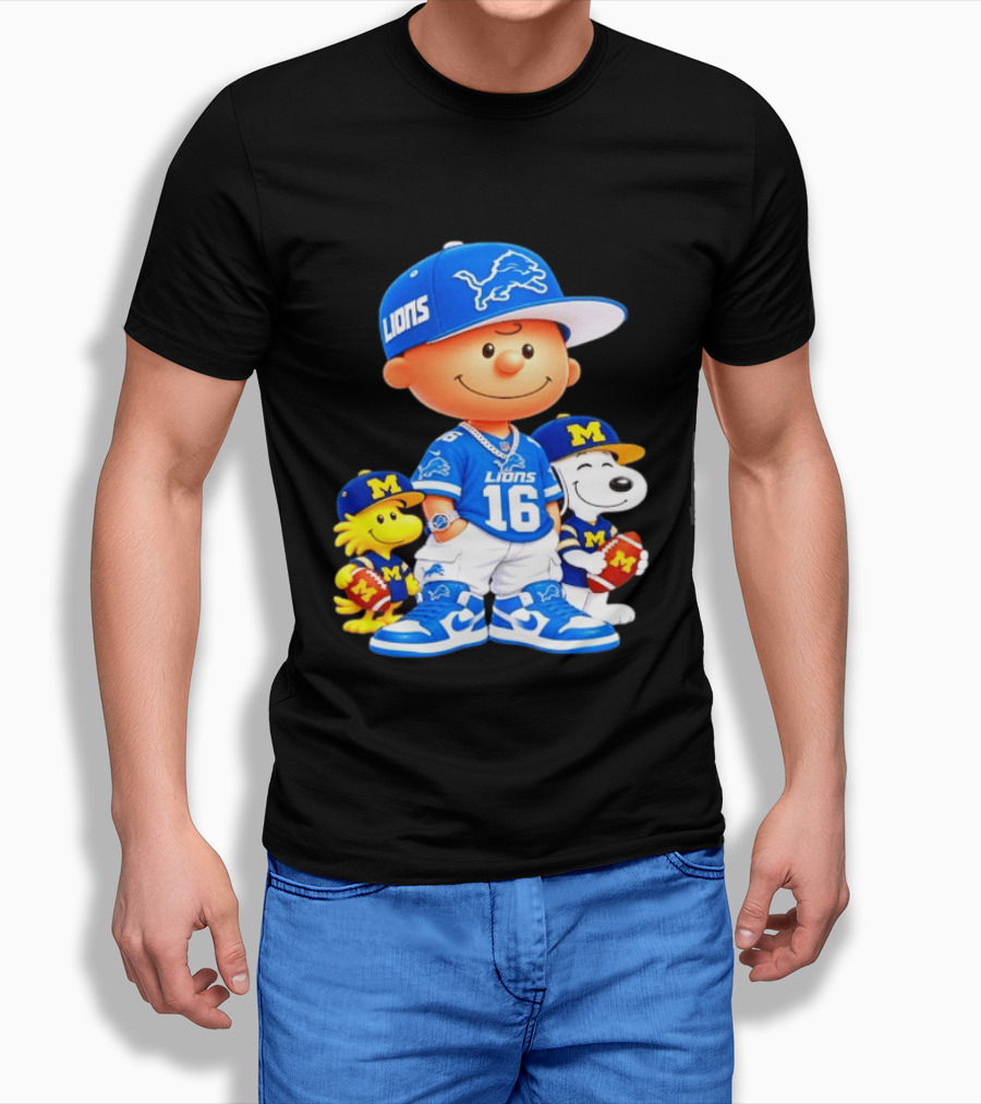 Charlie Brown Snoopy Woodstock Detroit Lions Michigan Wolverines Football Fan 16 T-Shirt