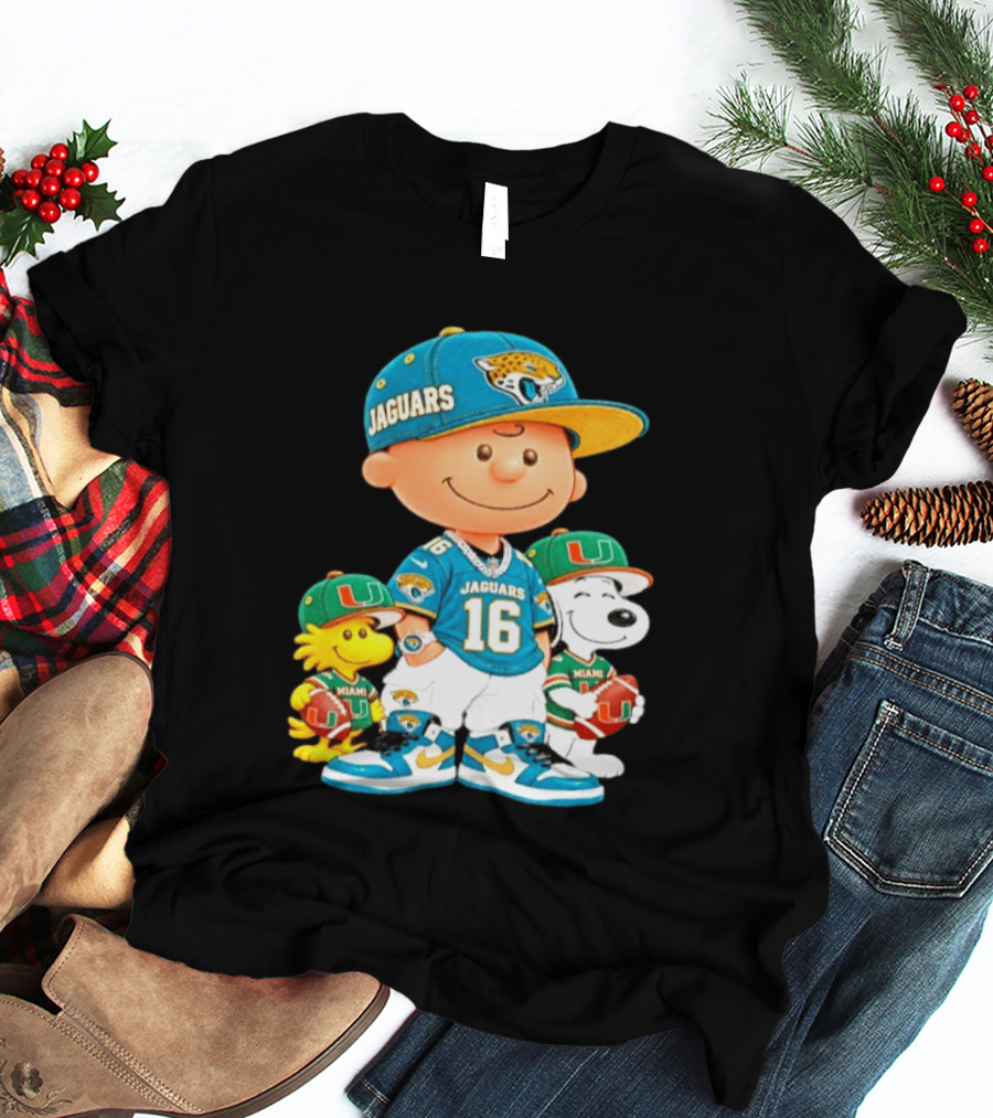 Peanuts Charlie Brown Snoopy Woodstock Jacksonville Jaguars Miami Hurricanes Football Fan Gear T-Shirt