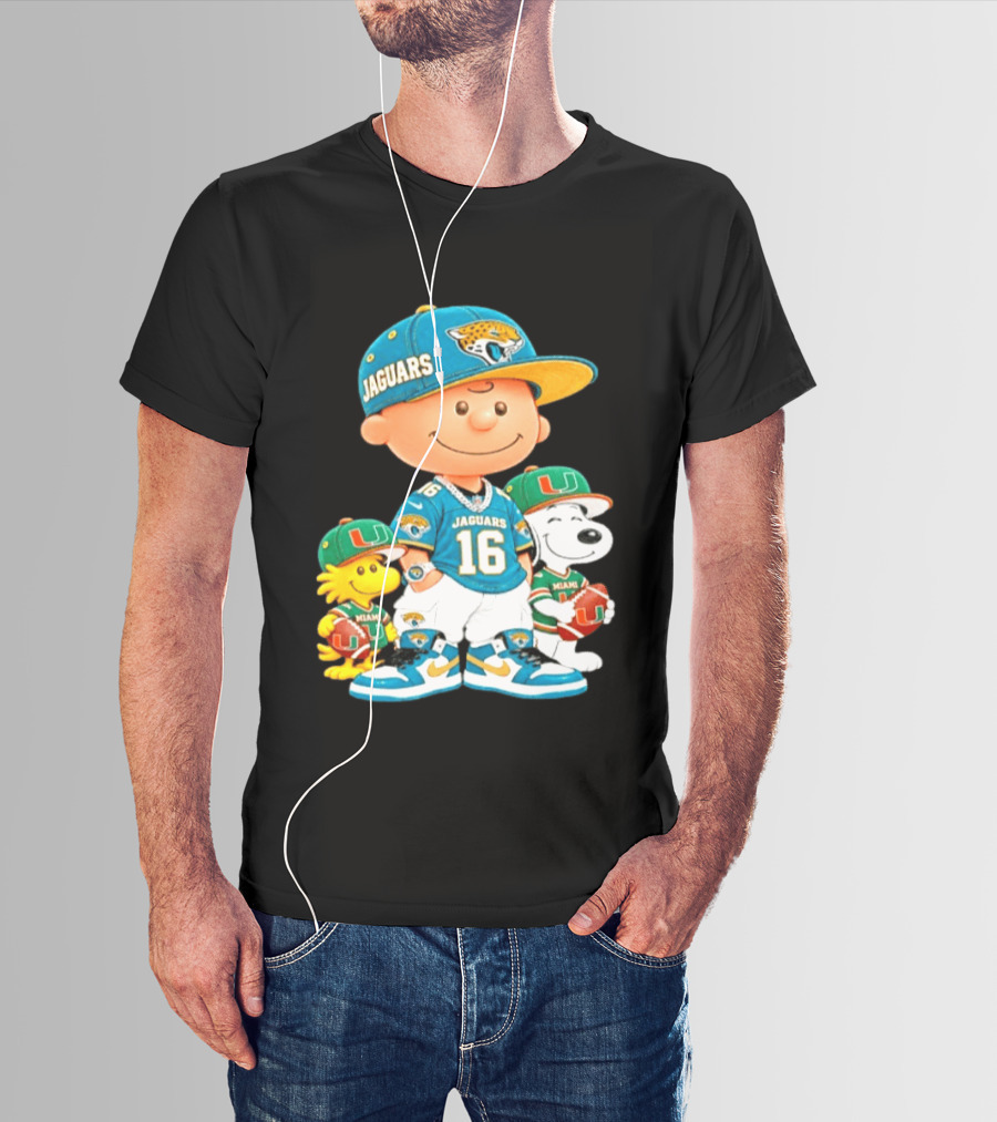 Peanuts Charlie Brown Snoopy Woodstock Jacksonville Jaguars Miami Hurricanes Football Fan Gear T-Shirt