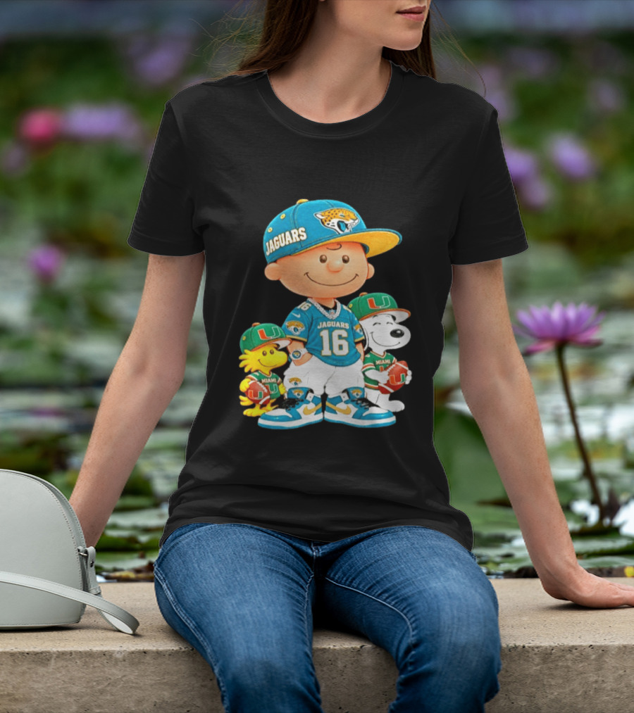 Peanuts Charlie Brown Snoopy Woodstock Jacksonville Jaguars Miami Hurricanes Football Fan Gear T-Shirt