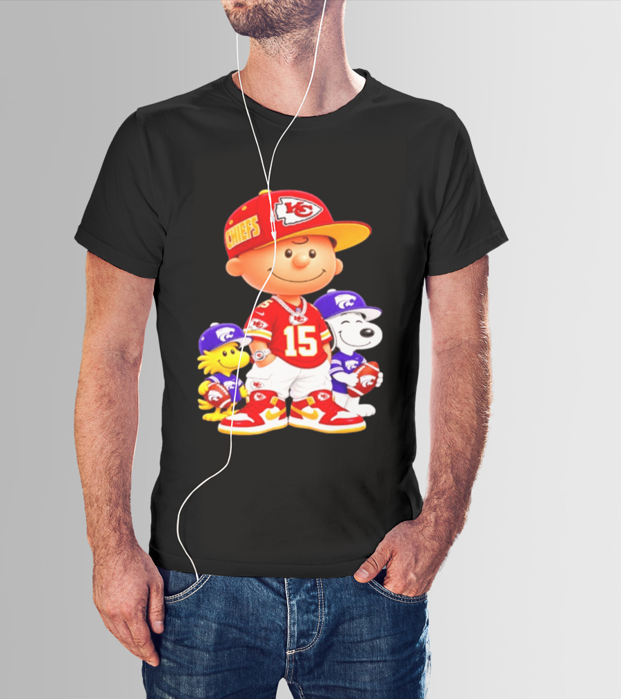 Charlie Brown Snoopy Woodstock Kansas City Chiefs 15 Football Peanuts Characters NFL Team Sports Gear T-Shirt