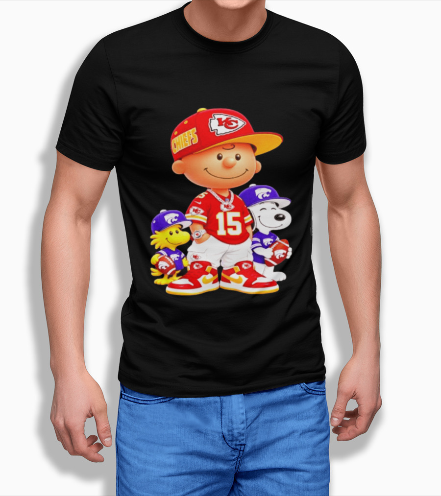 Charlie Brown Snoopy Woodstock Kansas City Chiefs 15 Football Peanuts Characters NFL Team Sports Gear T-Shirt