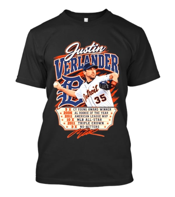 Justin Verlander Detroit Tigers Career 3x Cy Young Award Winner AL Rookie Of The Year 2011 American League MVP MLB All Star Triple Crown No Hitters T-Shirt