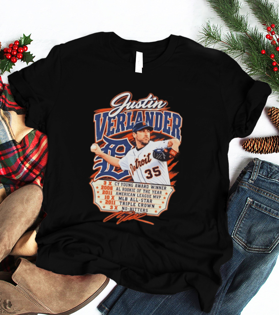Justin Verlander Detroit Tigers Career 3x Cy Young Award Winner AL Rookie Of The Year 2011 American League MVP MLB All Star Triple Crown No Hitters T-Shirt