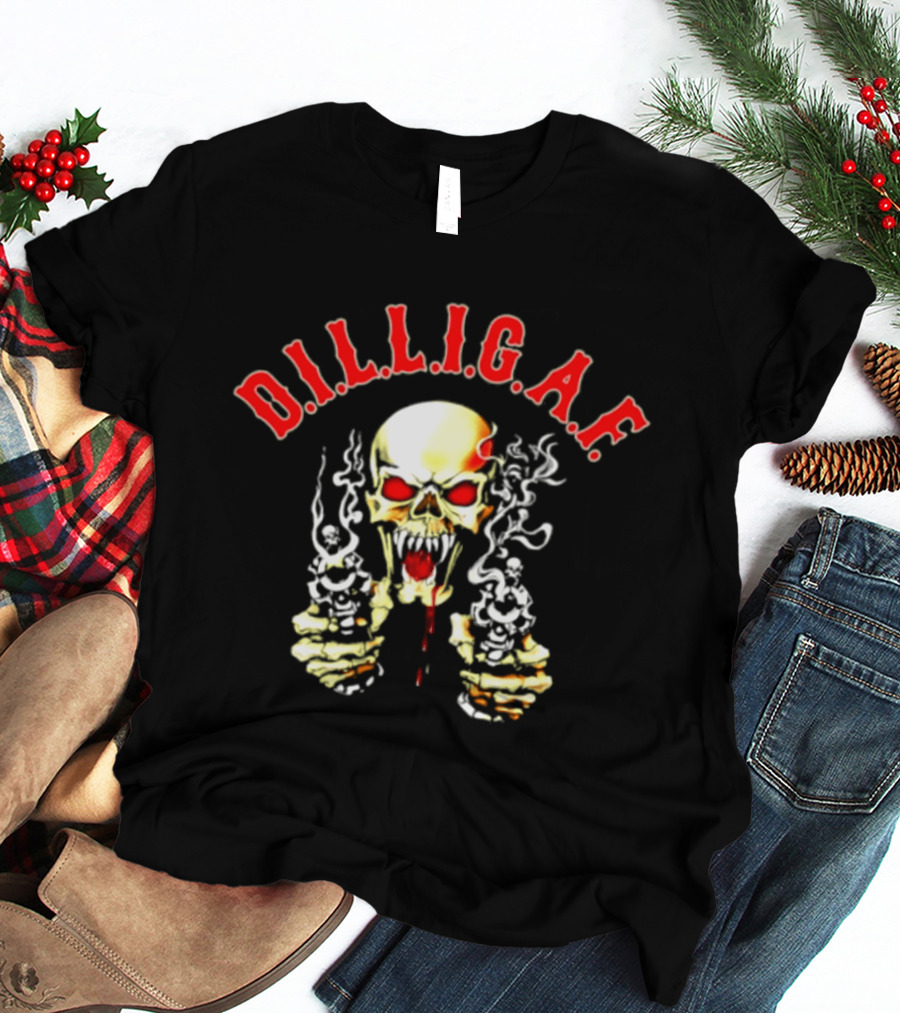 DILLIGAF Skull With Red Eyes Smoking Guns T-Shirt