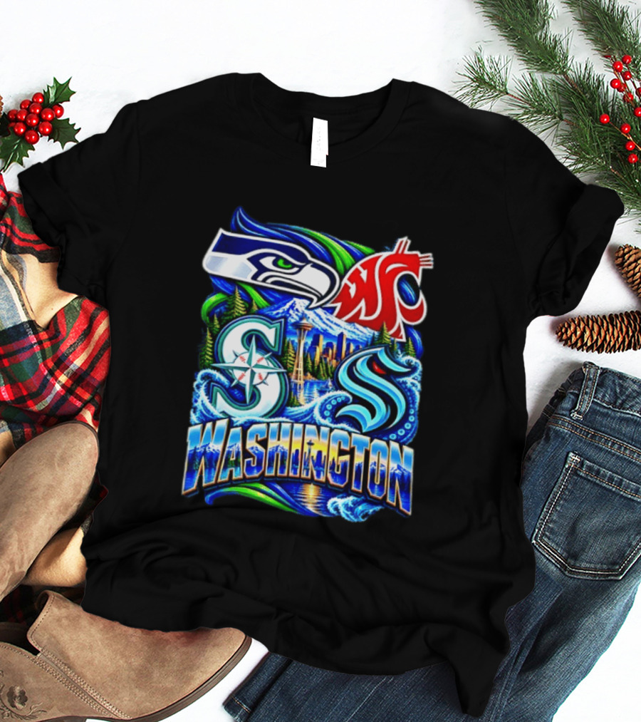 Seattle Seahawks Washington State Cougars Mariners Kraken Washington Skyline T-Shirt