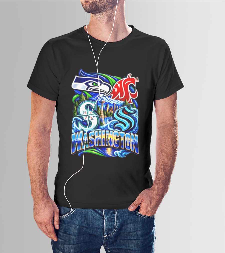 Seattle Seahawks Washington State Cougars Mariners Kraken Washington Skyline T-Shirt