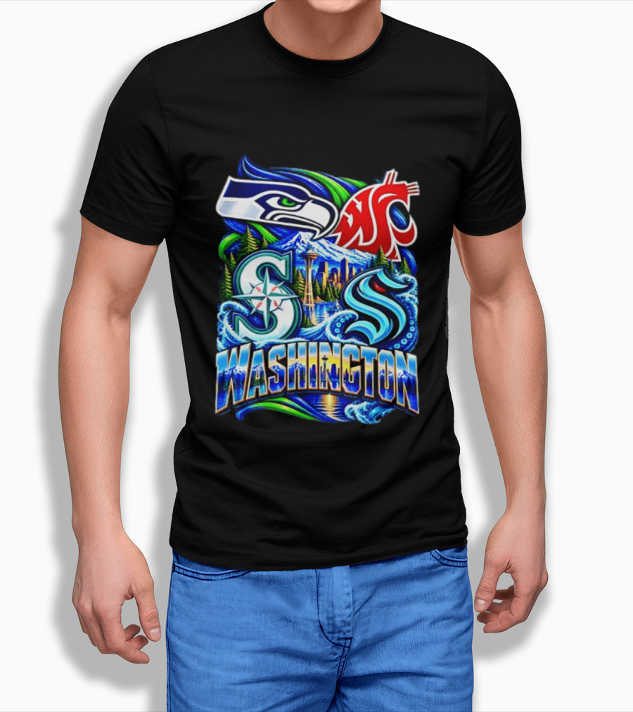 Seattle Seahawks Washington State Cougars Mariners Kraken Washington Skyline T-Shirt