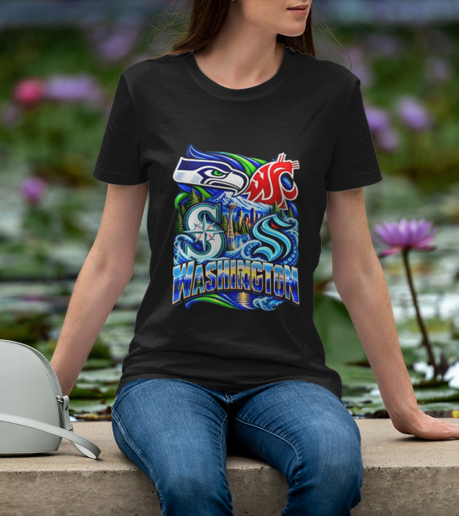 Seattle Seahawks Washington State Cougars Mariners Kraken Washington Skyline T-Shirt