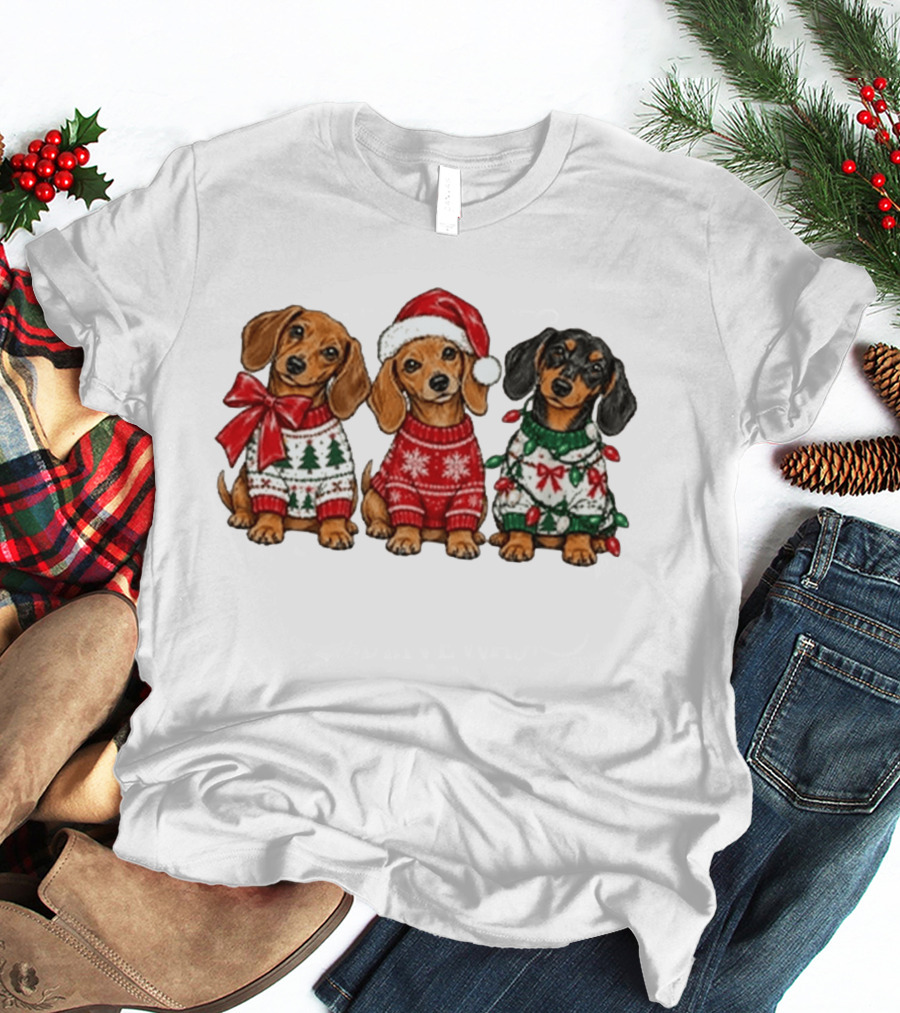 Cozy Christmas Dachshund Trio In Festive Sweaters With Santa Hat T-Shirt