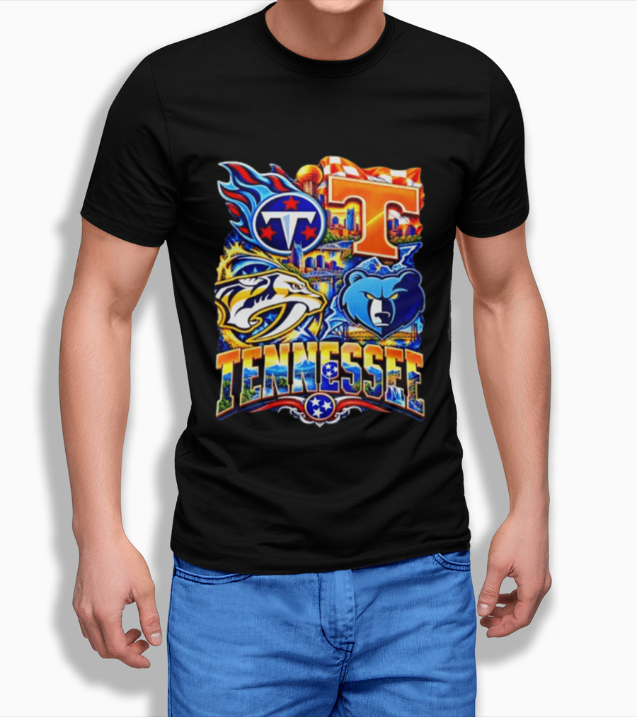 Tennessee Titans Nashville Predators Memphis Grizzlies Volunteers Sports Emblems T-Shirt