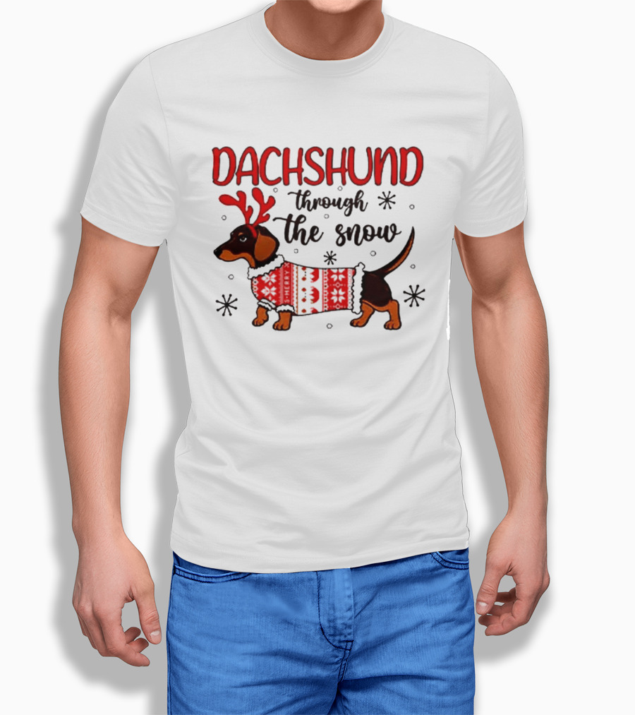 Dachshund Through The Snow Christmas Dog Lover Reindeer Antlers Winter Holiday Sweater T-Shirt