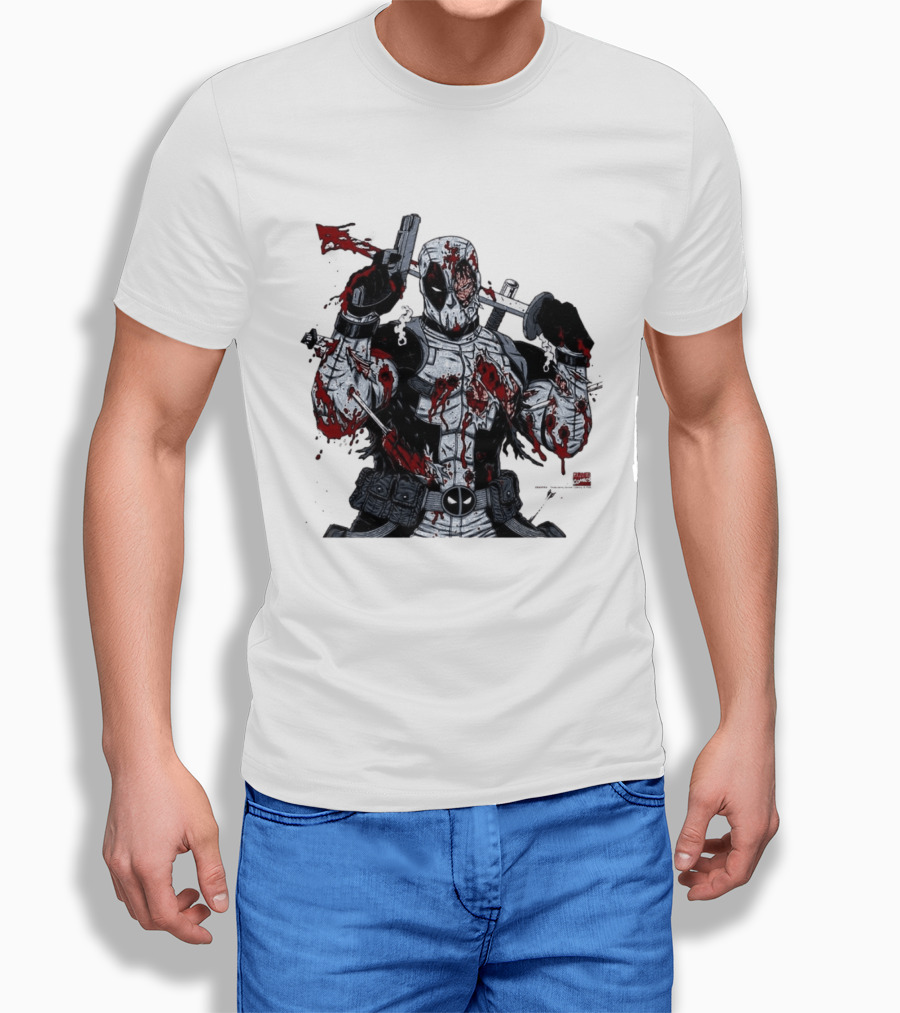 Deadpool Battle Damaged Bloody Swords Katana Gunner Comics Hero T-Shirt
