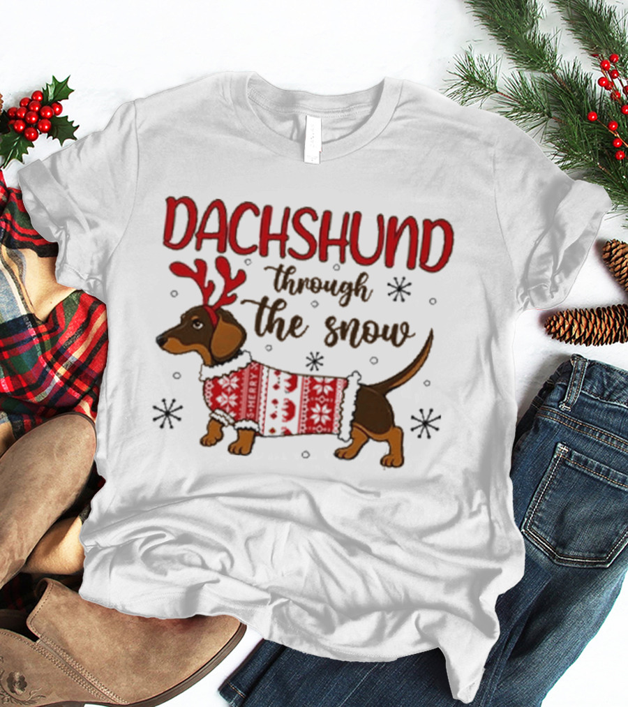 Dachshund Through The Snow Christmas Sweater Reindeer Antlers T-Shirt
