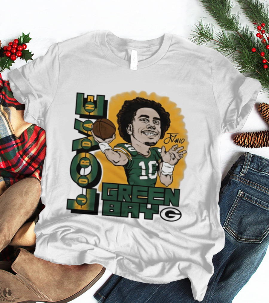 Green Bay Packers Jordan Love Caricature Player Number 10 Football T-Shirt