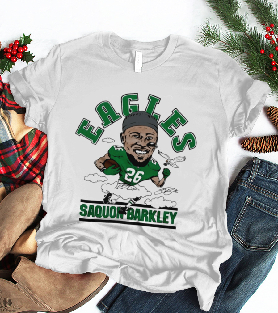 Eagles Saquon Barkley 26 Caricature Player Running Clouds T-Shirt