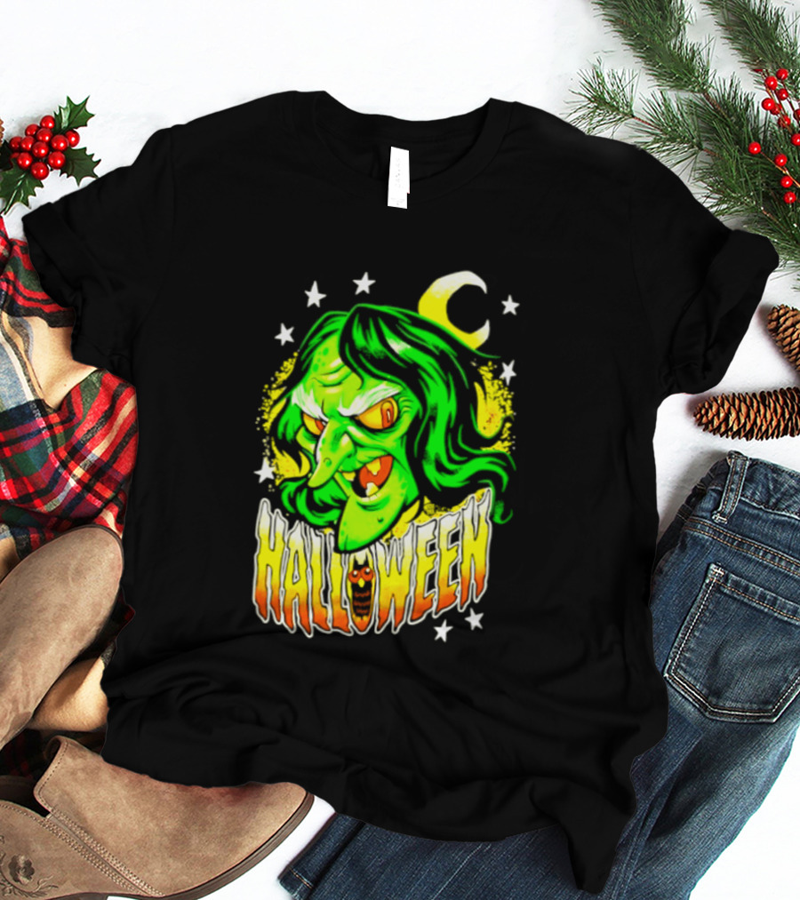 Halloween Witch Green Face Crescent Moon And Stars T-Shirt