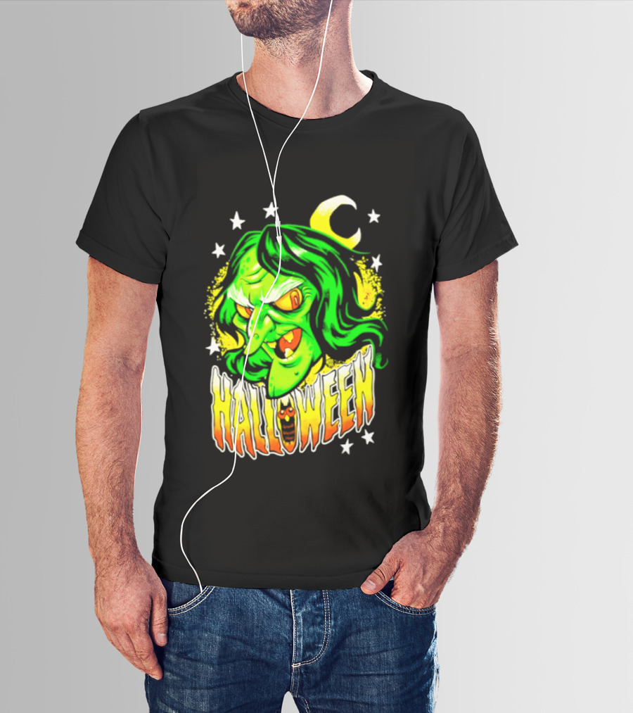 Halloween Witch Green Face Crescent Moon And Stars T-Shirt