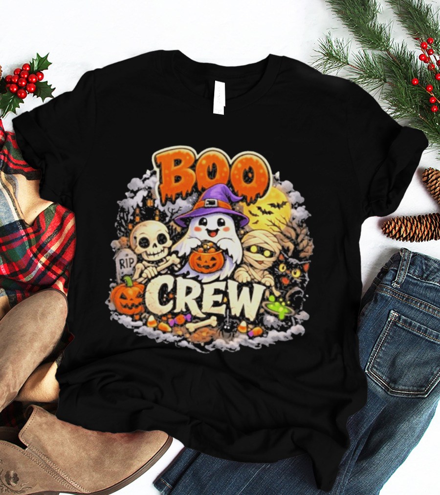 Boo Crew Ghost Halloween Skeleton Mummy Black Cat Pumpkin T-Shirt