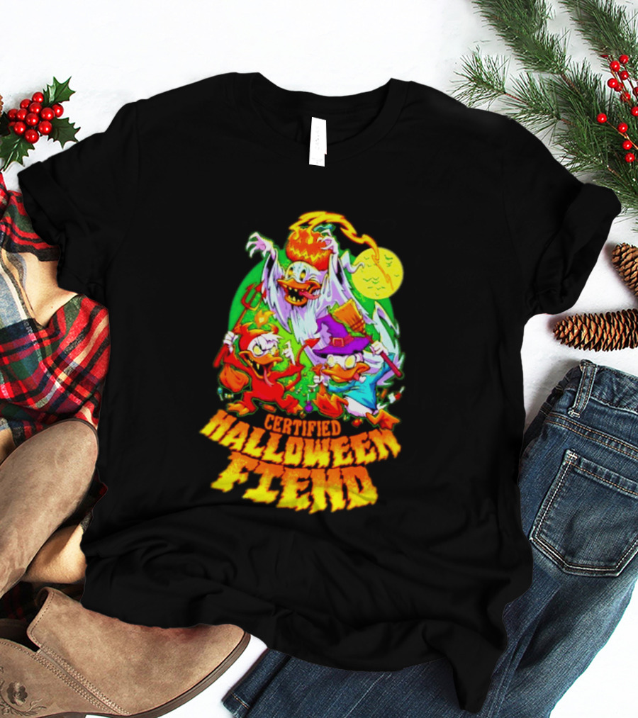 Certified Halloween Fiend Donald Duck Huey Dewey Louie Ghost Witch Devil Moon Scene T-Shirt