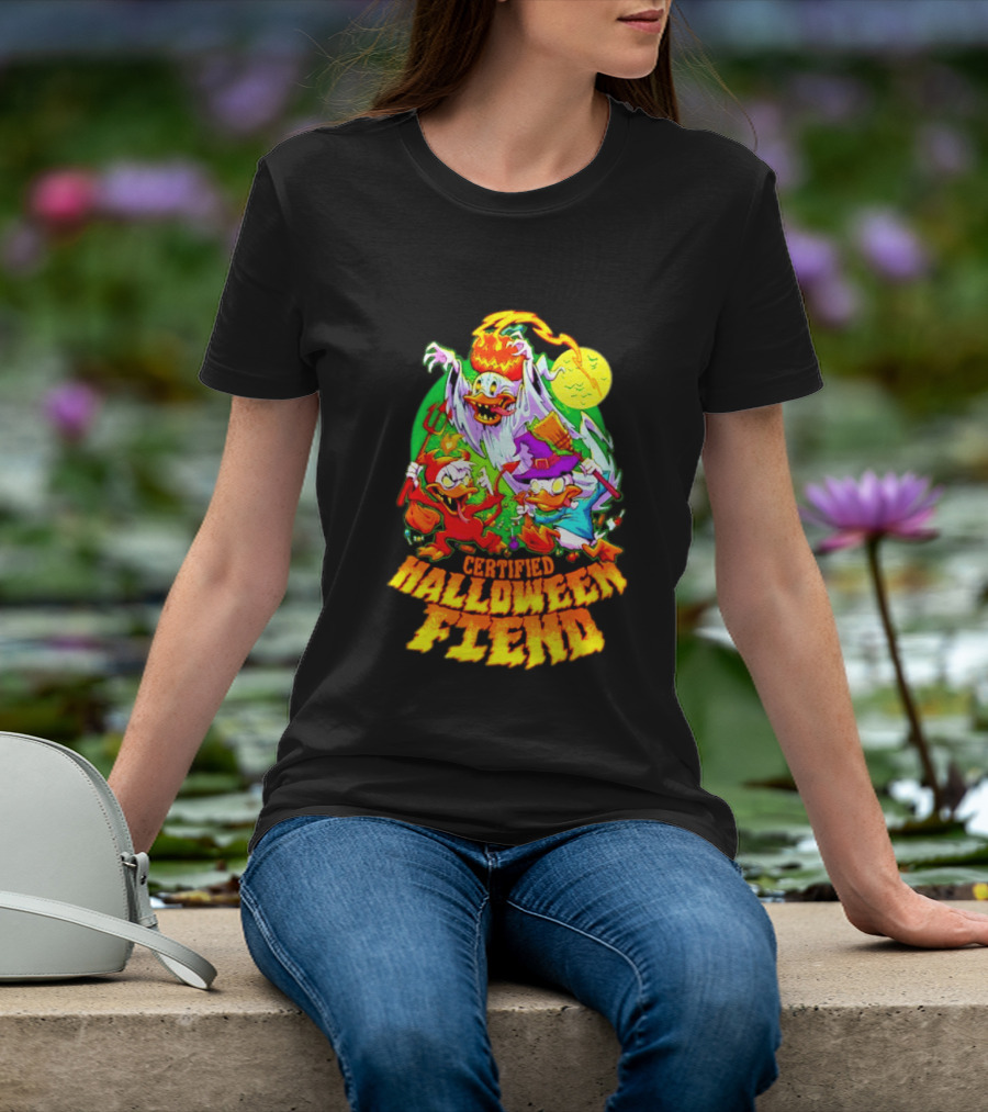Certified Halloween Fiend Donald Duck Huey Dewey Louie Ghost Witch Devil Moon Scene T-Shirt